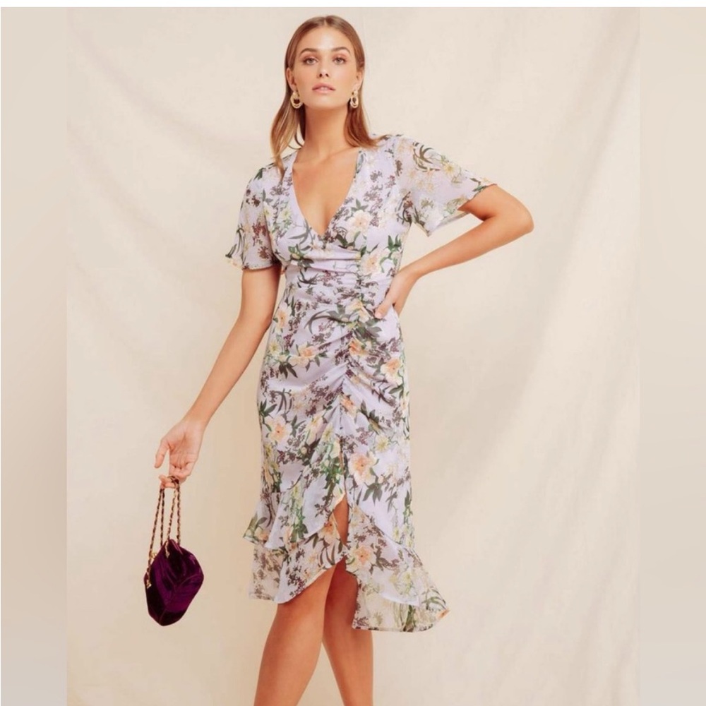 Astr Floral Midi Dress in Purple and Cream
